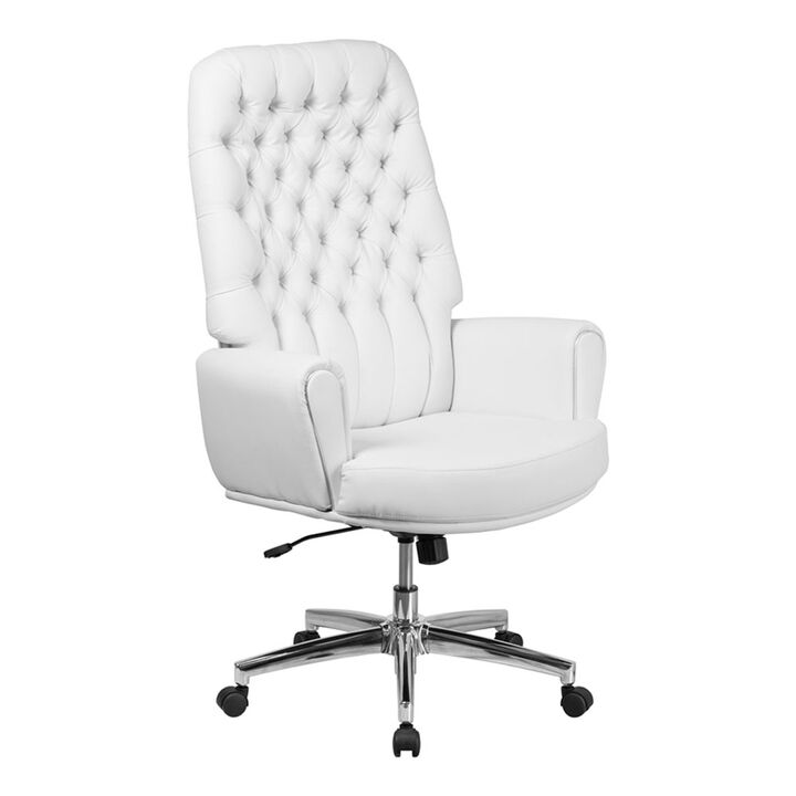 Rochelle High Back Traditional Tufted White LeatherSoft Executive Swivel Office Chair with Arms