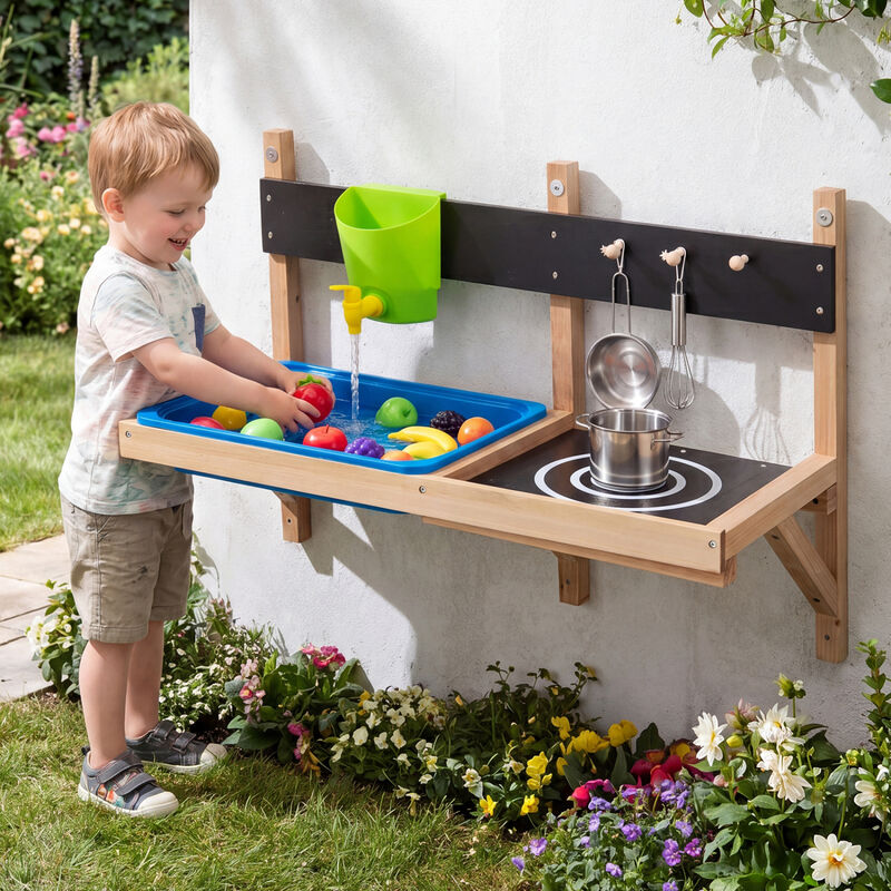 Kids Outdoor Mud Kitchen Wall Mounted Play Station for Backyard-Multi-color image number 1