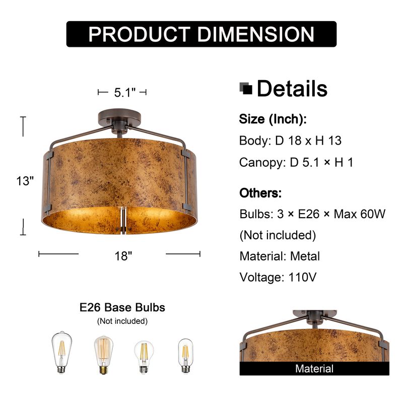 Milka 18" Rustic 3-Light Black and Brown Metal Drum Shade Flush Mount image number 6