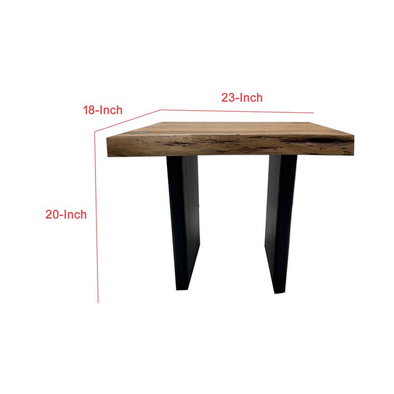 Mya 23 Inch Square End Table with Live Edge Wood Top, Wide Black Iron Legs
