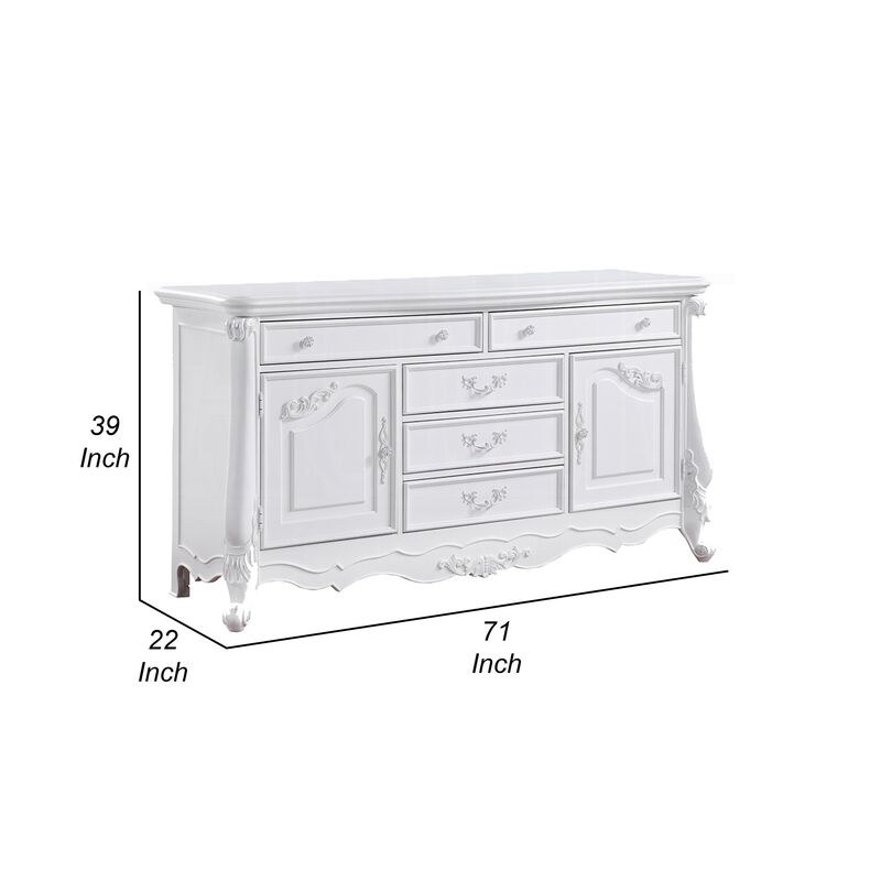 Maver Wide Dresser Chest with 6 Drawers, 2 Doors, Classic White Wood - Benzara