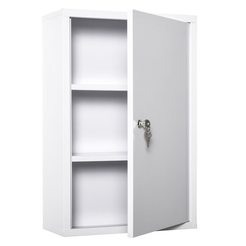 White Medicine Cabinet: 24x16 Steel Wall Mount with 3-Tier Storage