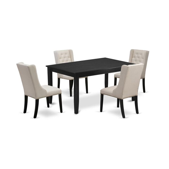 East West Furniture DUFO5-BLK-01 5-Pc Modern Dining Set Includes 1 Rectangular Dining Table and 4 Cream Linen Fabric Parson Chairs with Button Tufted Back - Black Finish