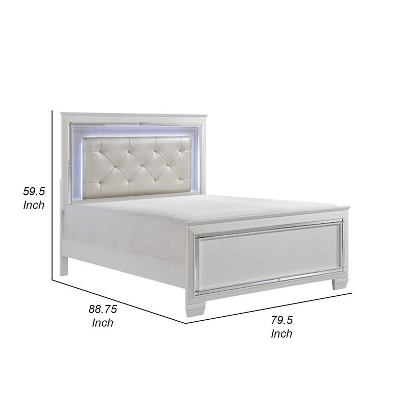 Noah California King Bed, LED Backlit Crystal Tufted Headboard, White - Benzara