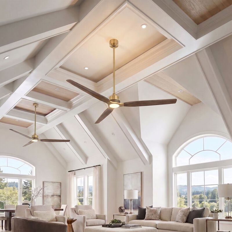 84" Natural Brass Solid Wood Mid Century Modern Dimmable LED 6 Speed Extra Large Ceiling Fan with Light and Remote image number 4