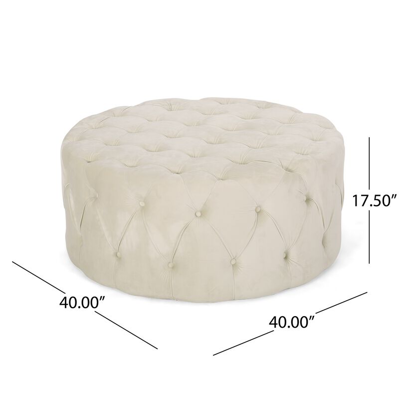 Vivan Ottoman, Tufted Beige Velvet, Soft Cushions, Round 40 Inch Top - Benzara