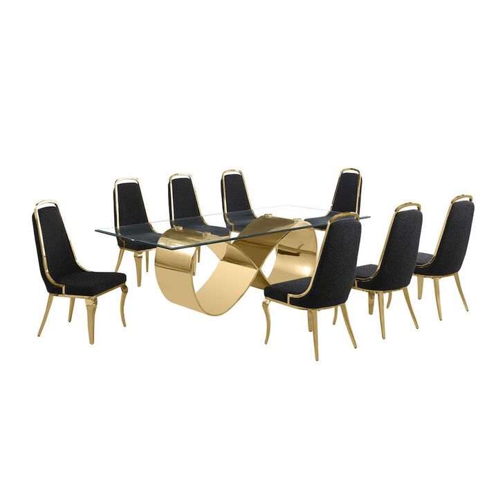 Best Quality Furniture 9Pc Tampered Glass Dining Set With 8 Black Boucle Side Chairs And A Gold Base