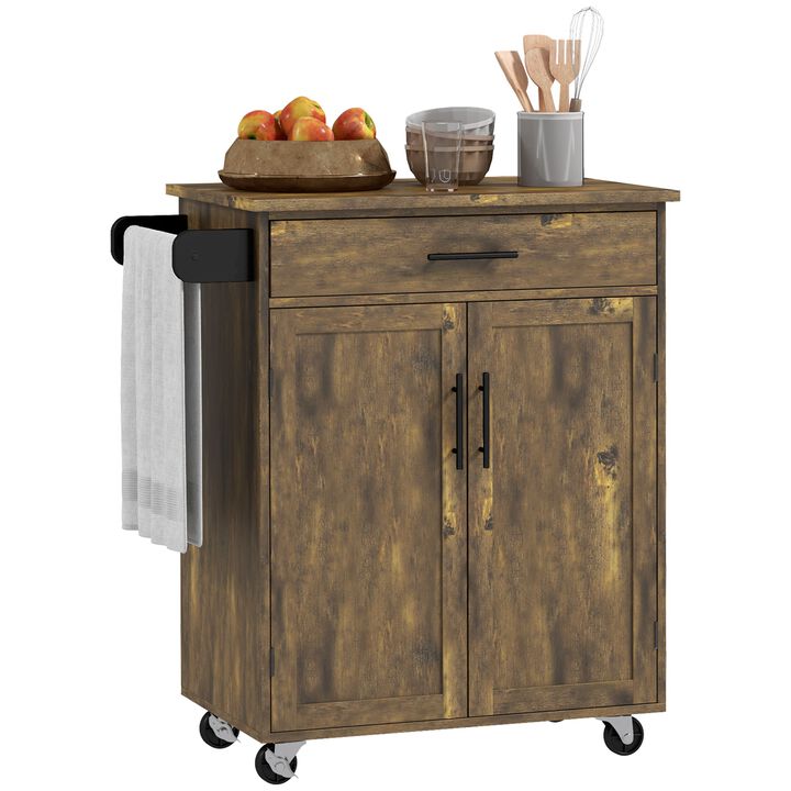 Kitchen Island Cart Rolling Trolley Cart with Drawer, Storage Cabinet & Towel Rack, Rustic Brown