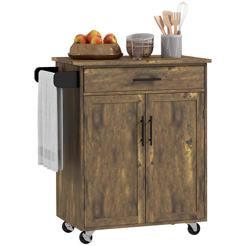 Rustic Brown Kitchen Cart: Drawer, Cabinet, Towel Rack, Wheeled