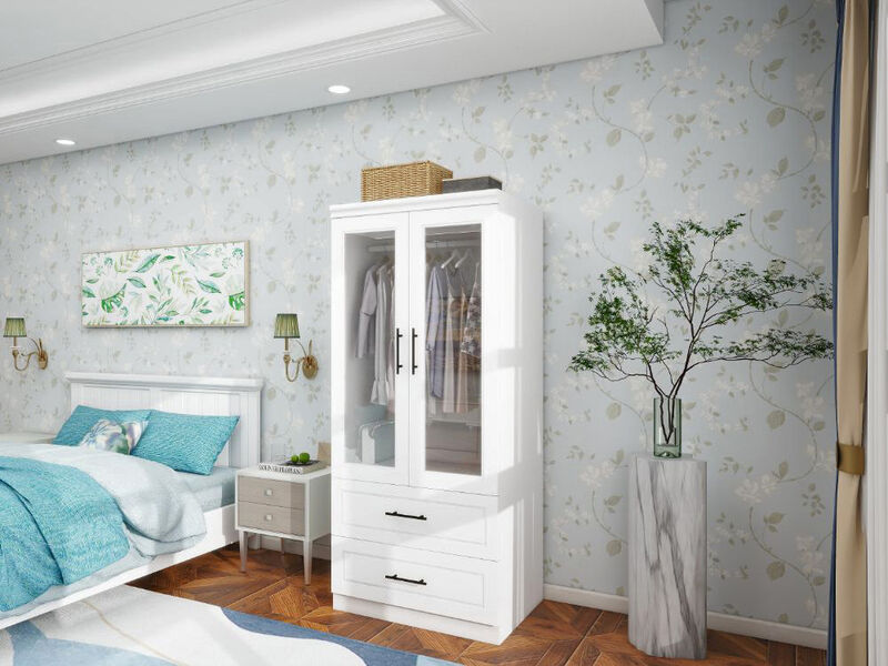 Tall Armoire Wardrobe Closet, Bedroom Armoires with Mirror, Wardrobe Cabinet with Drawers, Hanging Rod and Storage Cabinet ,White for Bedroom