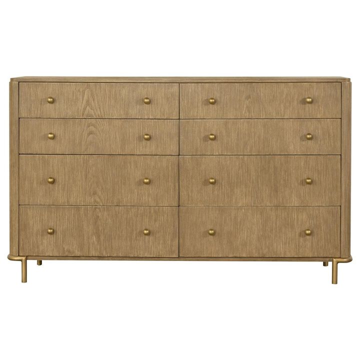 Benjara Sea 63 Inch Modern Dresser with 8 Drawers, Slender Legs, Natural Brown Wood