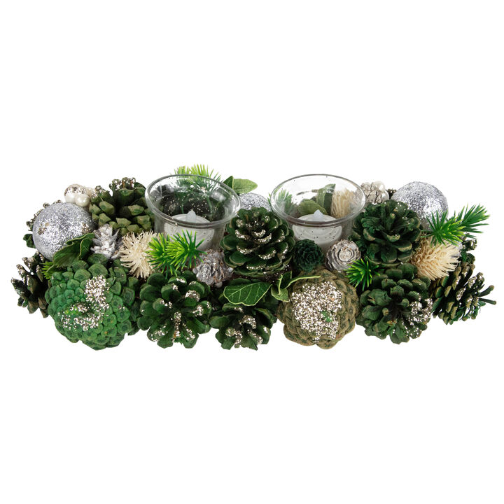 13" Green Pinecone and Silver Glitter Ornaments Christmas Tealight Candle Holder