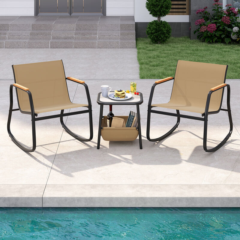 Brown 3-Piece Outdoor Rocking Bistro Set with Side Table and Storage Bag image number 4