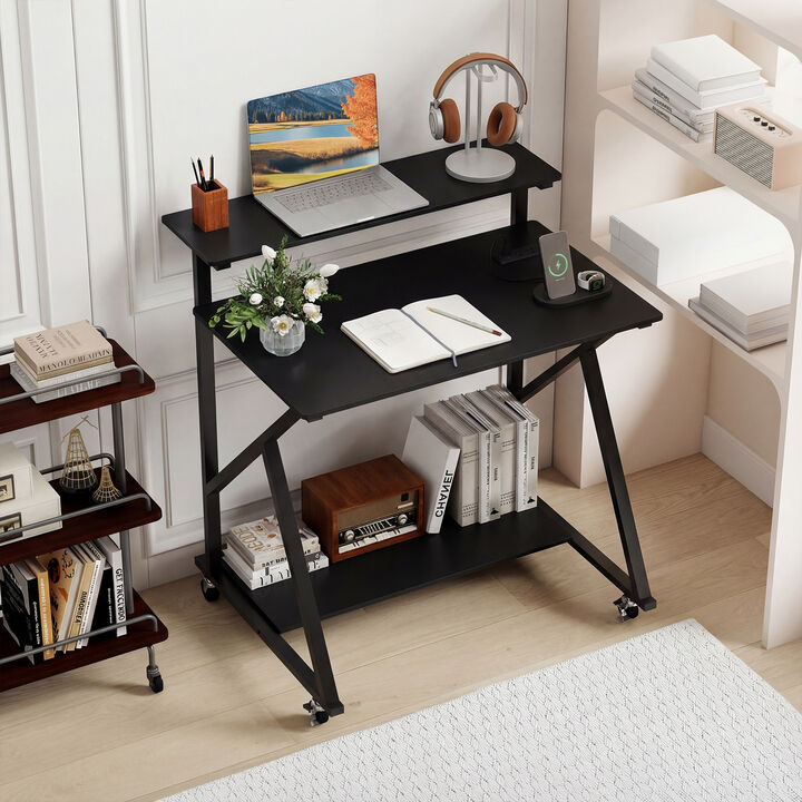 Compact Rolling Computer Desk with Power Outlets for Small Spaces