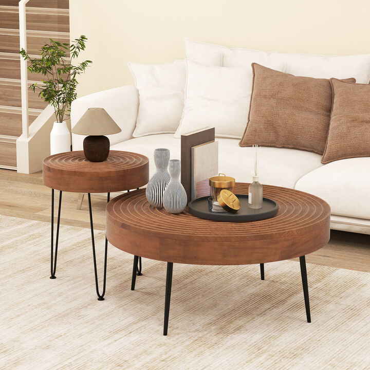 Set of 2 Wooden Coffee Table with Metal Legs and Adjustable Foot Pads