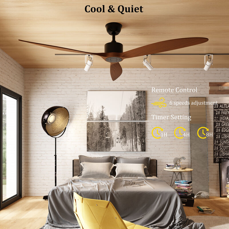 FUFU&GAGA 65-Inch Indoor Ceiling Fan with Light, Black Walnut Wood Blades, DC Motor, 6 Speeds, 1/4/8H Timer