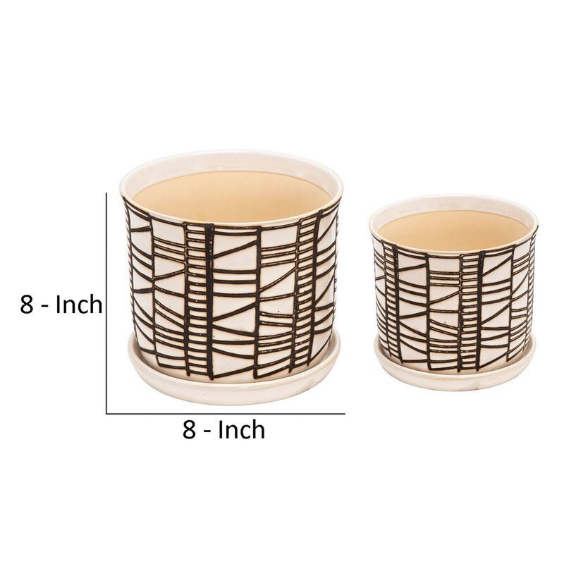 Planter with Saucer and Abstract Design, Set of 2, White and Brown-Benzara