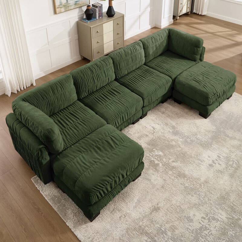 4 seat modular sectional sofa, Chenille L shaped sectional couch with ruched detailing, Modular sectional with 2 movable ottomans image number 3
