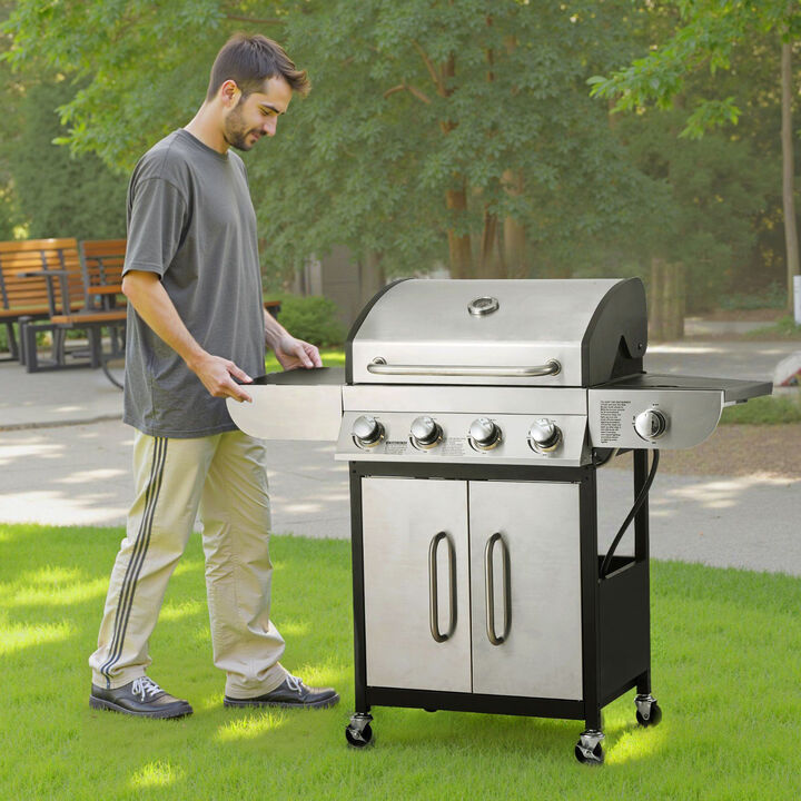 4 Burner BBQ Gas Grill with Side Burner, 52000 BTU Outdoor Patio Grill with Side Shelves