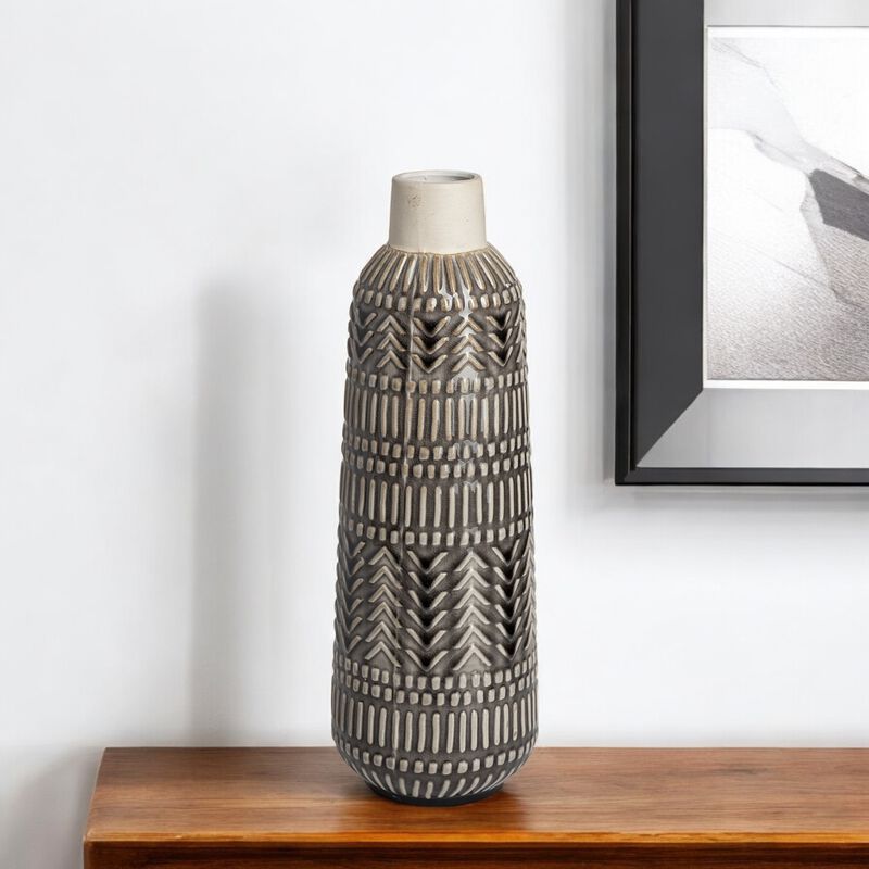 Decorative Chevron Embossed Ceramic Vase for Living Room or Dining Table