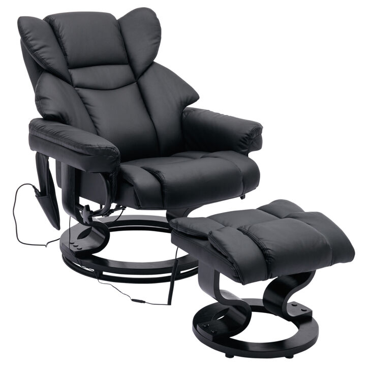 Massage Recliner and Ottoman, PU Leisure Office Chair with 10 Vibration Points, Adjustable Backrest, Side Pocket and Remote Control, for Living Room, Study, Bedroom, Black