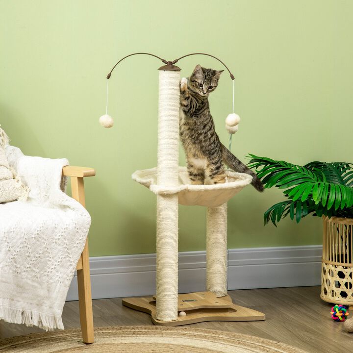 Ball Toy Cat Tree for Indoor Cats Kitty Tower with Sisal Scratching Posts Hammock, 21" x 21" x 35.5", Beige
