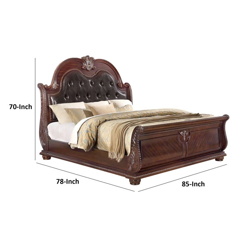 Mano King Bed, Faux Leather Upholstery, Classic Floral Carved, Brown Wood - Benzara