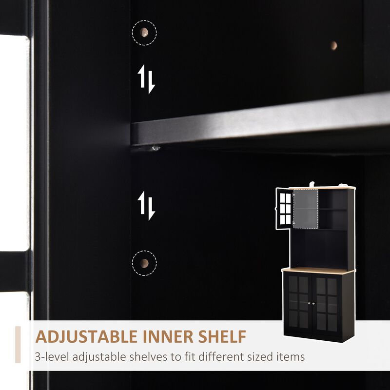 Black Culinary Storage: 72" Kitchen Pantry Cabinet with Glass Doors