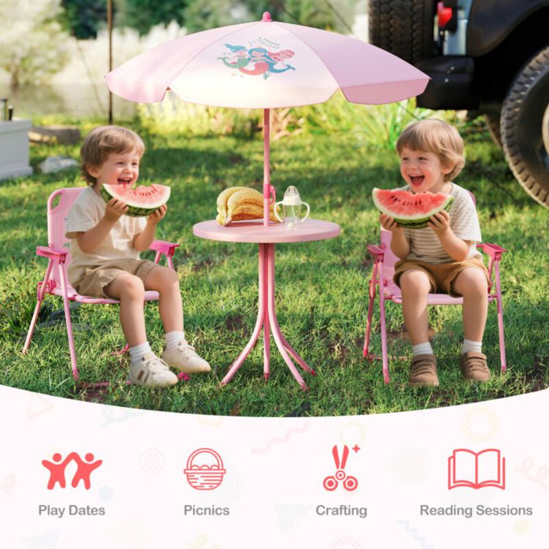 Hivvago 4 Pieces Kids Picnic Set with 2 Folding Chairs and Height Adjustable Umbrella