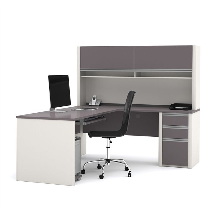 Bestar Connexion L-shaped workstation with hutch in Slate & Sandstone