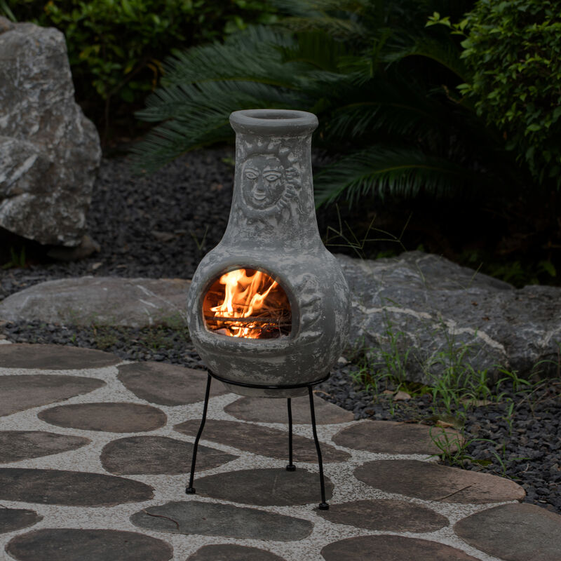 Outdoor Clay Chiminea Fireplace Sun Design Wood Burning Fire Pit with Sturdy Metal Stand, Barbecue, Cocktail Party, Cozy Nights Fire Pit, Terra Cotta