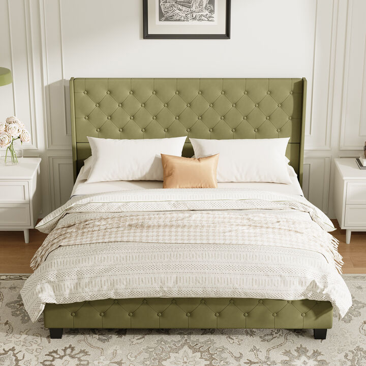 FUFU&GAGA Minimalist Leather King Bed with Iron Frame Tall Button-Detail Headboard Wood and Iron Legs 86.2''L x 79.9''W x 53.1''H Green