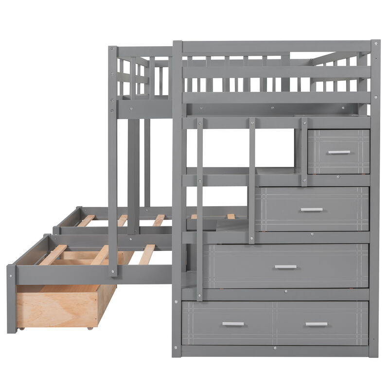 Whisen Full Over Twin & Twin Bunk Bed, Wood Triple Bunk Bed with Drawers and Guardrails- White