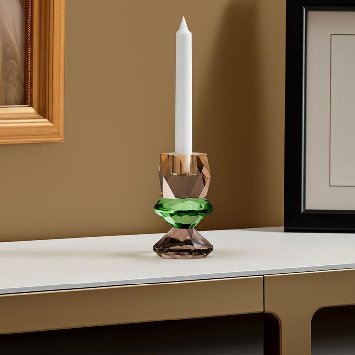 HomeRoots 5" Amber Green And Smoky Black Faceted Crystal Tabletop Taper Candlestick
