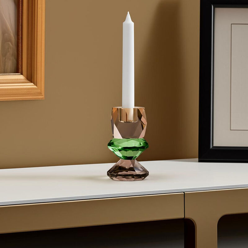 HomeRoots 5" Amber Green And Smoky Black Faceted Crystal Tabletop Taper Candlestick image number 1