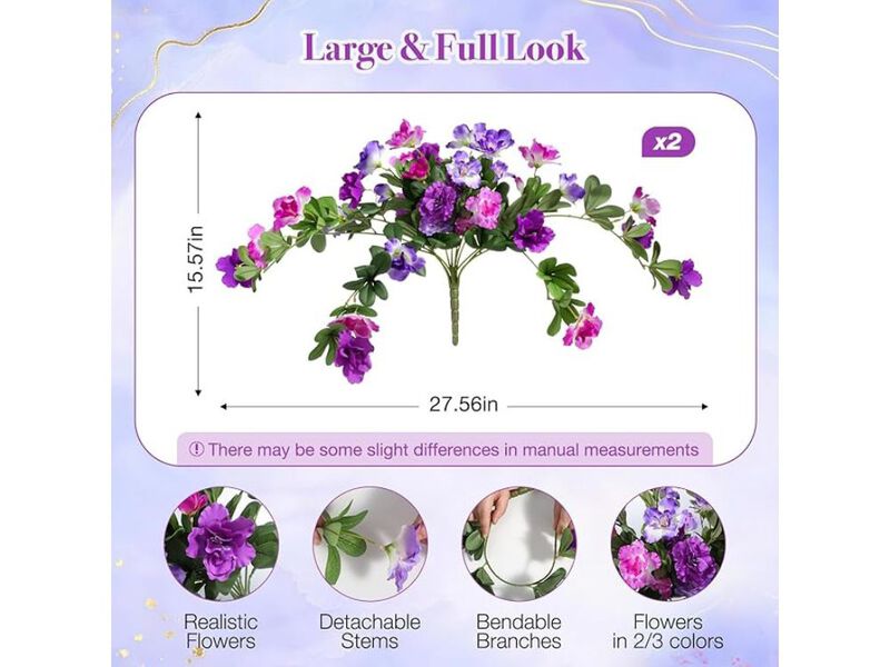 2 Piece Fuchsia Artificial Azalea Flowers UV Resistant Outdoor Garden Porch image number 2