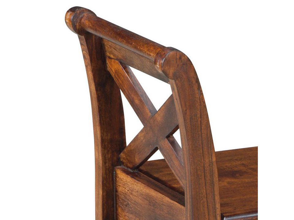 Hinged Seat Storage Wooden Bench with X Braces, Brown - Benzara