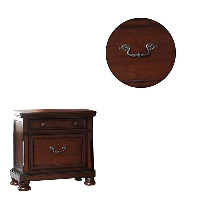 Two Drawers Wooden Nightstand with Bun Feet, Brown-Benzara