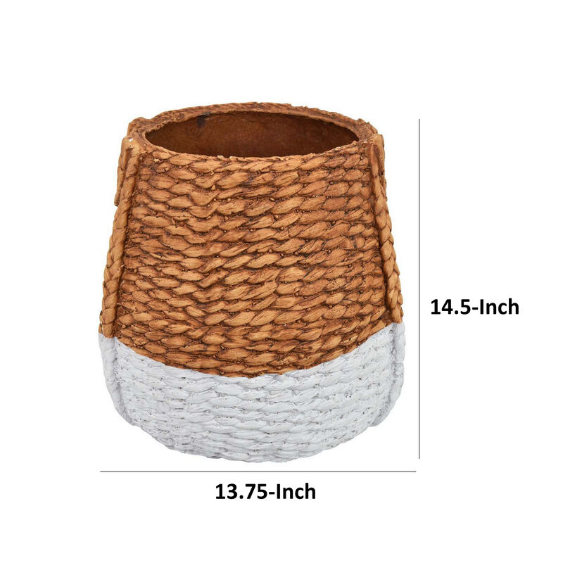 Reno 15 Inch Planter, Rope Woven Design, White and Brown Finished Resin - Benzara