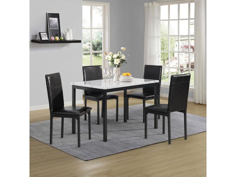 Dining Set &ndash; 5‑Piece White Faux Marble Table with 4 Black Metal Chairs, Citico Design image number 1