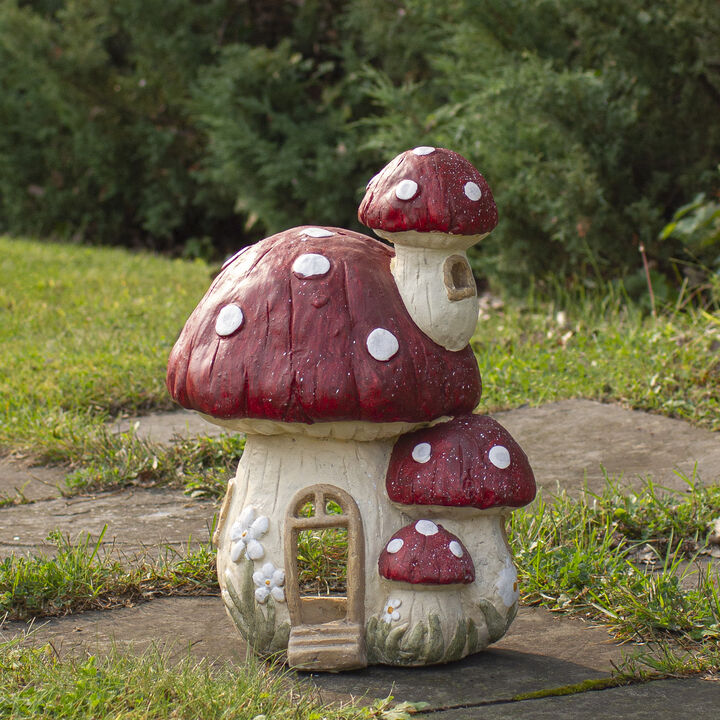 18" Red and Beige Mushroom House Outdoor Garden Statue