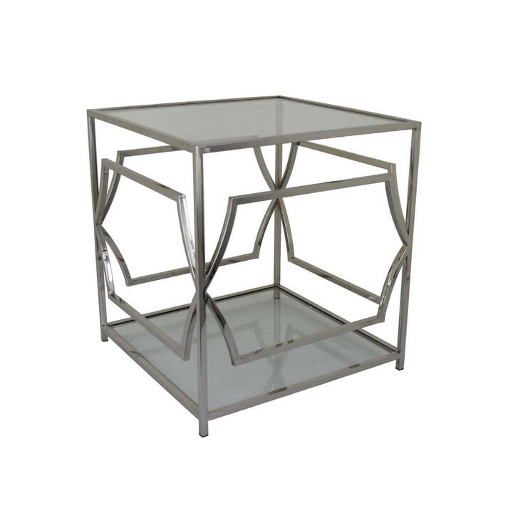 Mivi 24 Inch Plant Stand Table, Square, Pattern Base, Glass, Metal, Silver  - Benzara