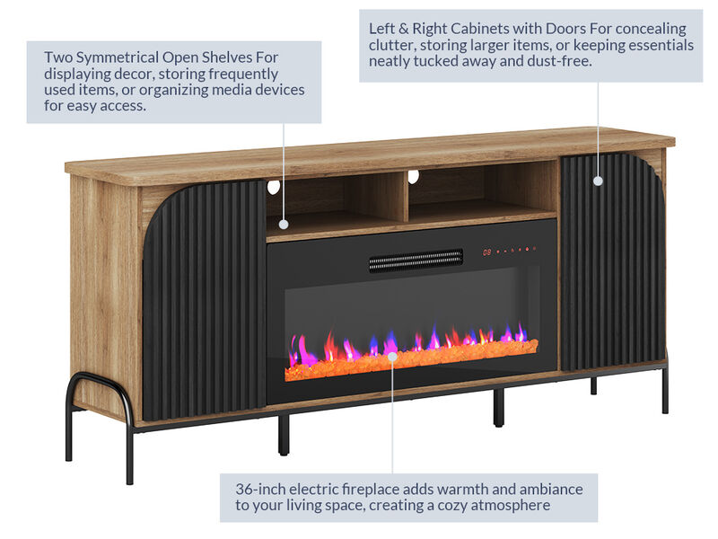 BELLEZE 68 Inch Fluted TV Stands with 36" Electric Fireplace, Modern Fluted Entertainment Center with Open Storage Shelves& Cabinets, Media Console TV Cabinet For Living Room Bedroom (Camel)