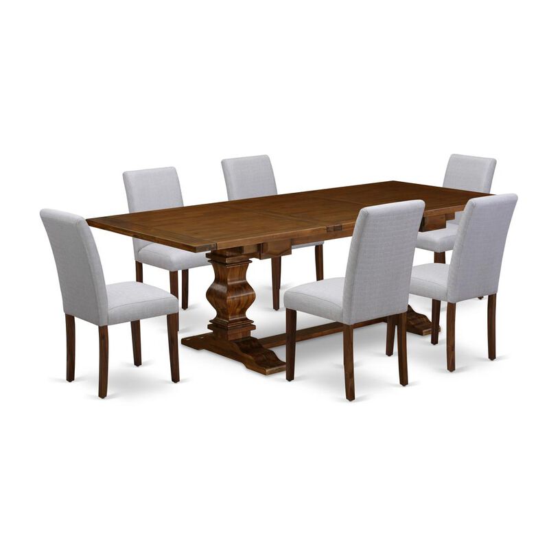 East West Furniture LAAB7-88-05 7Pc Wood Dining Table Set Includes a Wood Table and 6 Upholstered Dining Chairs with Grey Color Linen Fabric, Medium Size Table with Full Back Chairs, Antique Walnut Fi