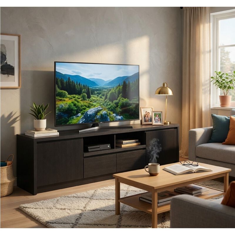 Winie TV Stand Media Console, 2 Doors, Open Shelf, Wood image number 8