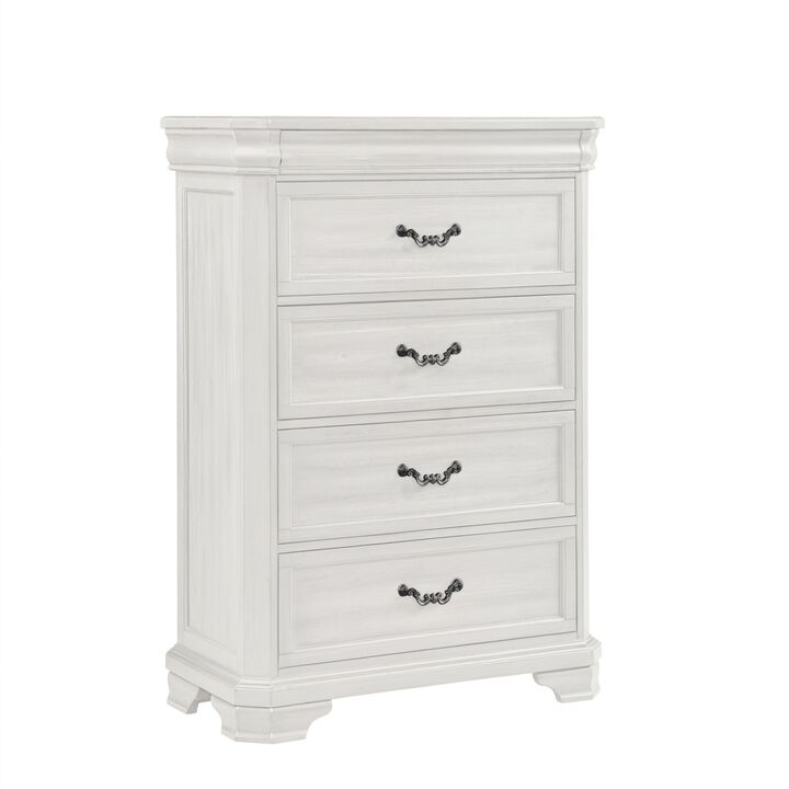 Lynda Tall Dresser Chest, 4 Drawers, Classic White Solid Acacia Wood - Benzara