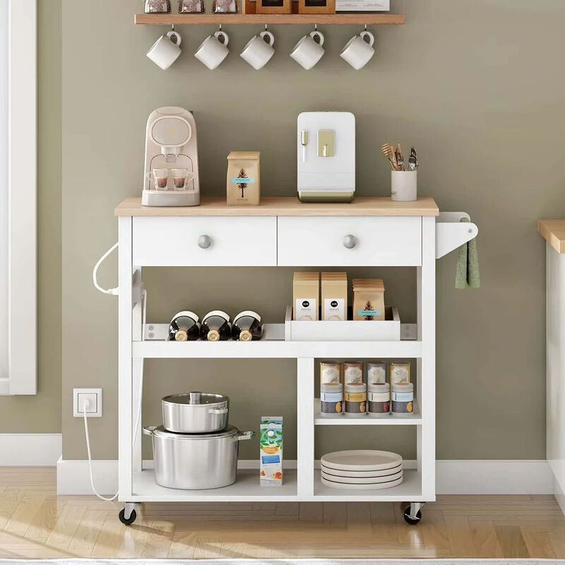 Rolling Kitchen Island with Storage Drawers and Built-In Charging Station- White image number 5