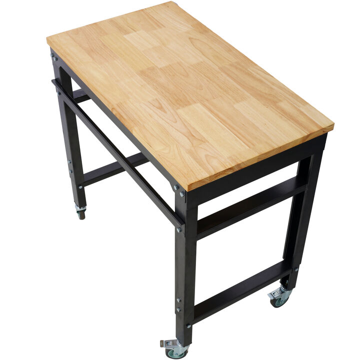 GOODSILO Adjustable Height Rolling Workbench with Rubber Wood Top and Heavy-Duty Steel Frame for Garage and Workshop Projects
