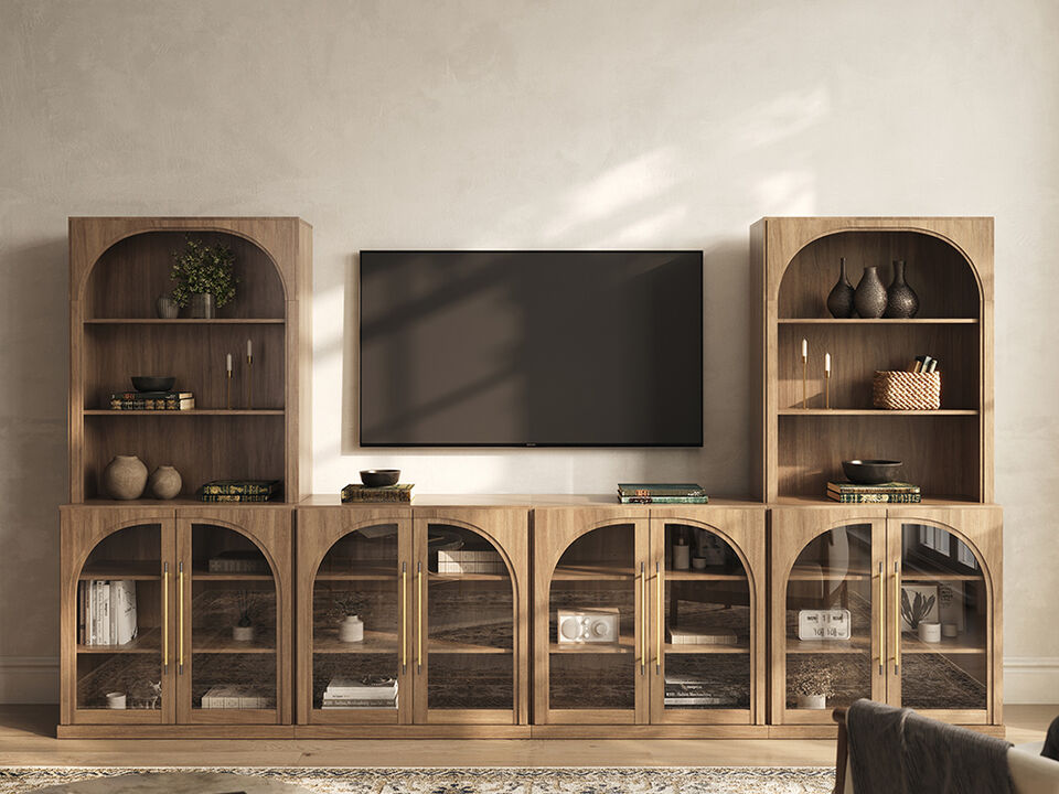 BELLEZE 6-Piece Modular TV Stand Set - 4 Arched Glass Door Entertainment Center & 2 Hutch Storage Units, Classic Modern Large Media Console with Adjustable Shelves for Living Room Family Room, Camel