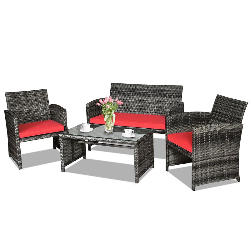 4 Pcs Patio Rattan Furniture Set Top Sofa With Glass Table